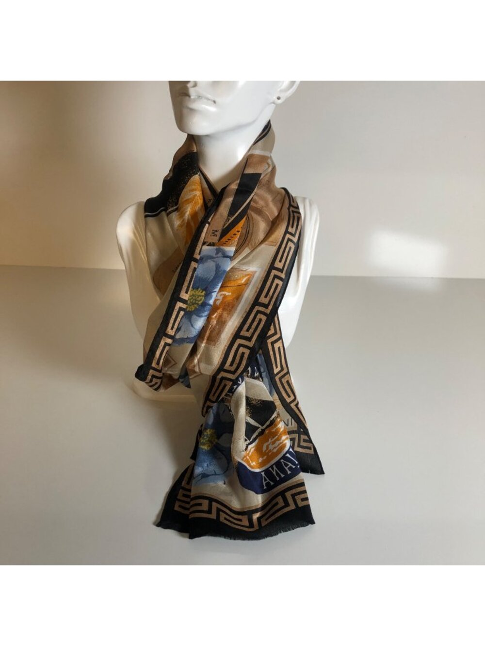 Adrienne Vittadini Silk Scarf Beige Blue Floral Cruise Travel Japan 11in x 52in